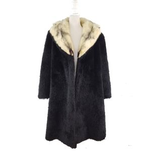 Vintage Black Faux Fur Teddy Coat Real Fur Collar